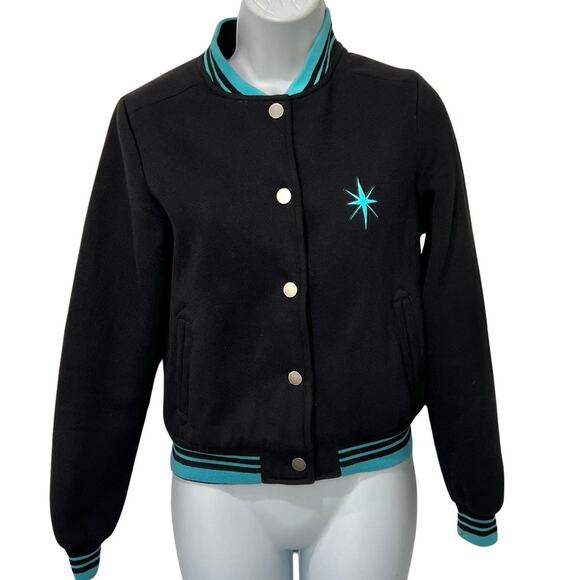 Collectif Black Blue Retro Snap Front Atomic Star Varsity Letter Jacket size XS - Picture 1 of 10
